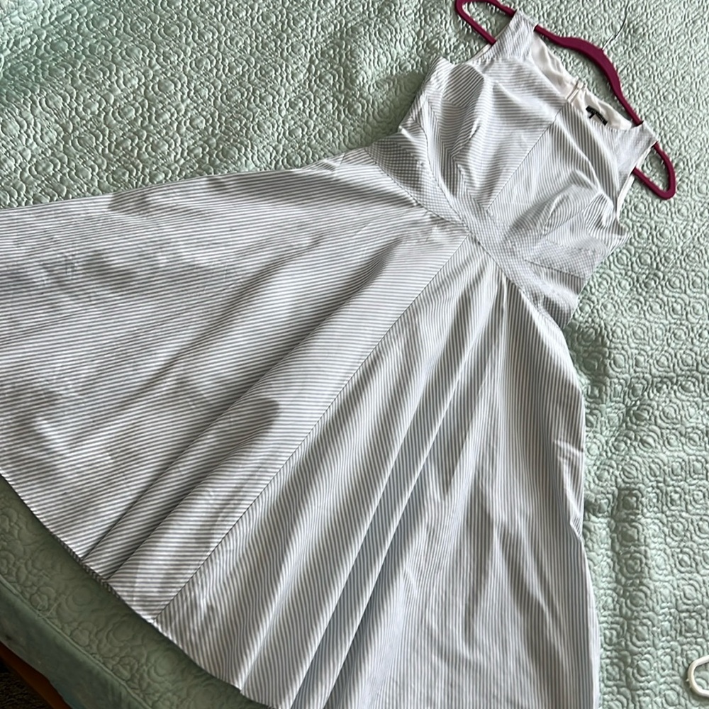 Ann Taylor fit and flare dress blue and white stripe.